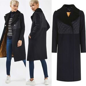 Topshop Quilted Borg Hybrid Wool Long pea trench Coat jacket black navy US 8